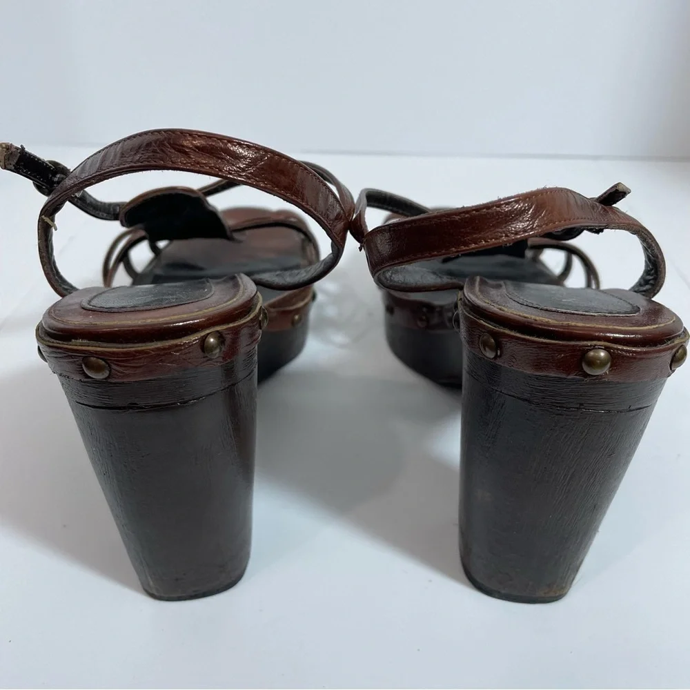 Vintage Via Spiga Platform Chunky Sandals Size 7.5 Brown Leather Studs Boho Y2k